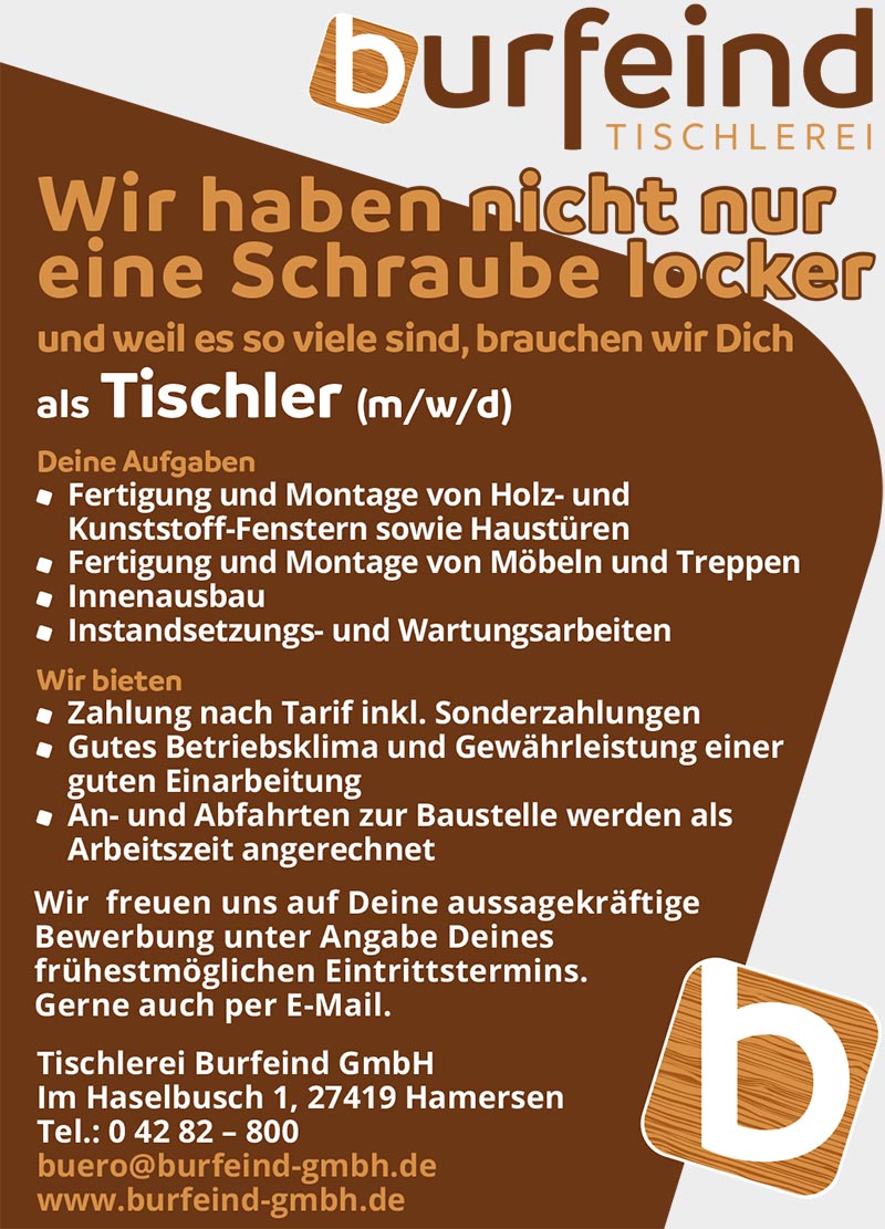Stellenanzeige Bürokraft Tischlerei Burfeind Hamersen